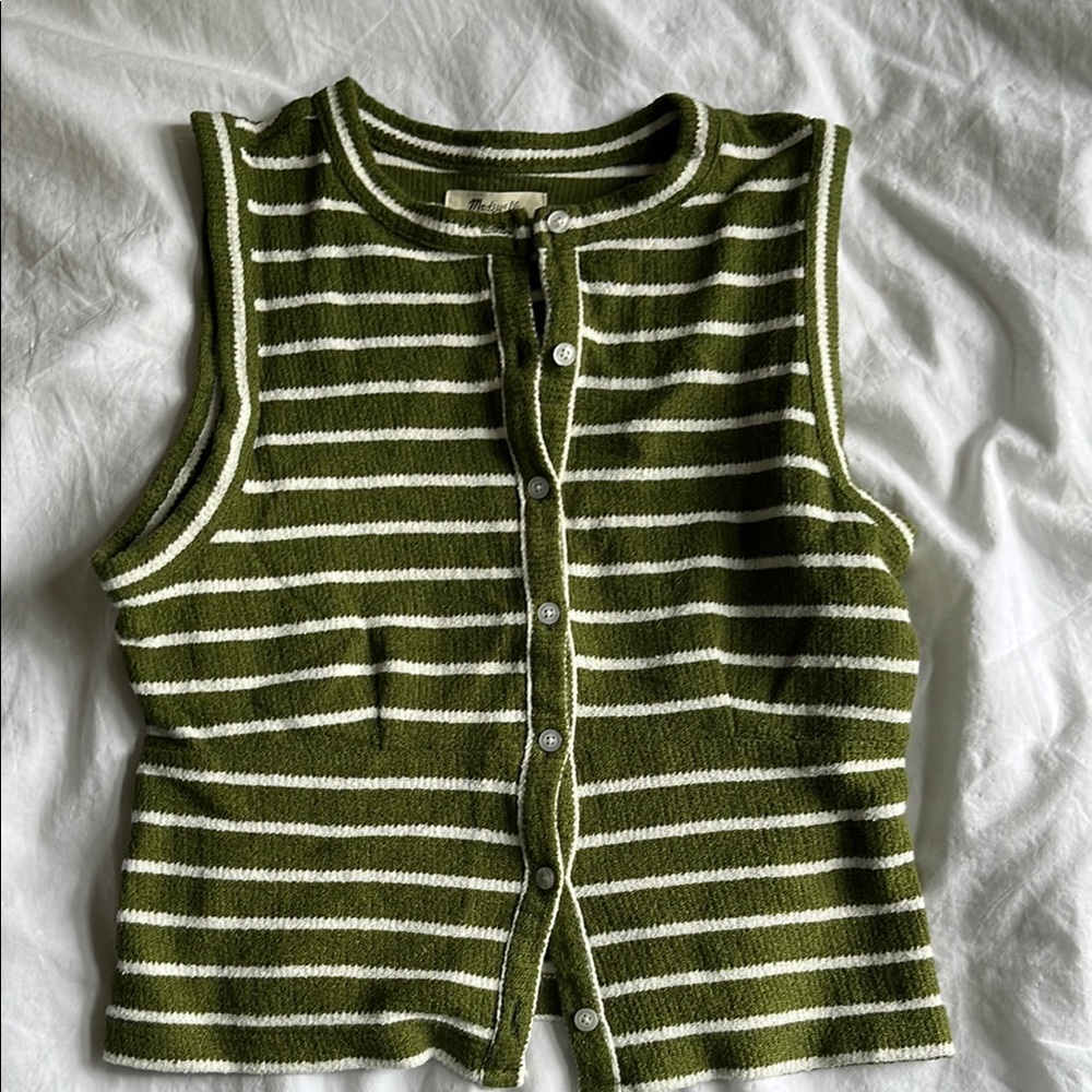 Madewell Green and White Button Down Sleeveless Shirt